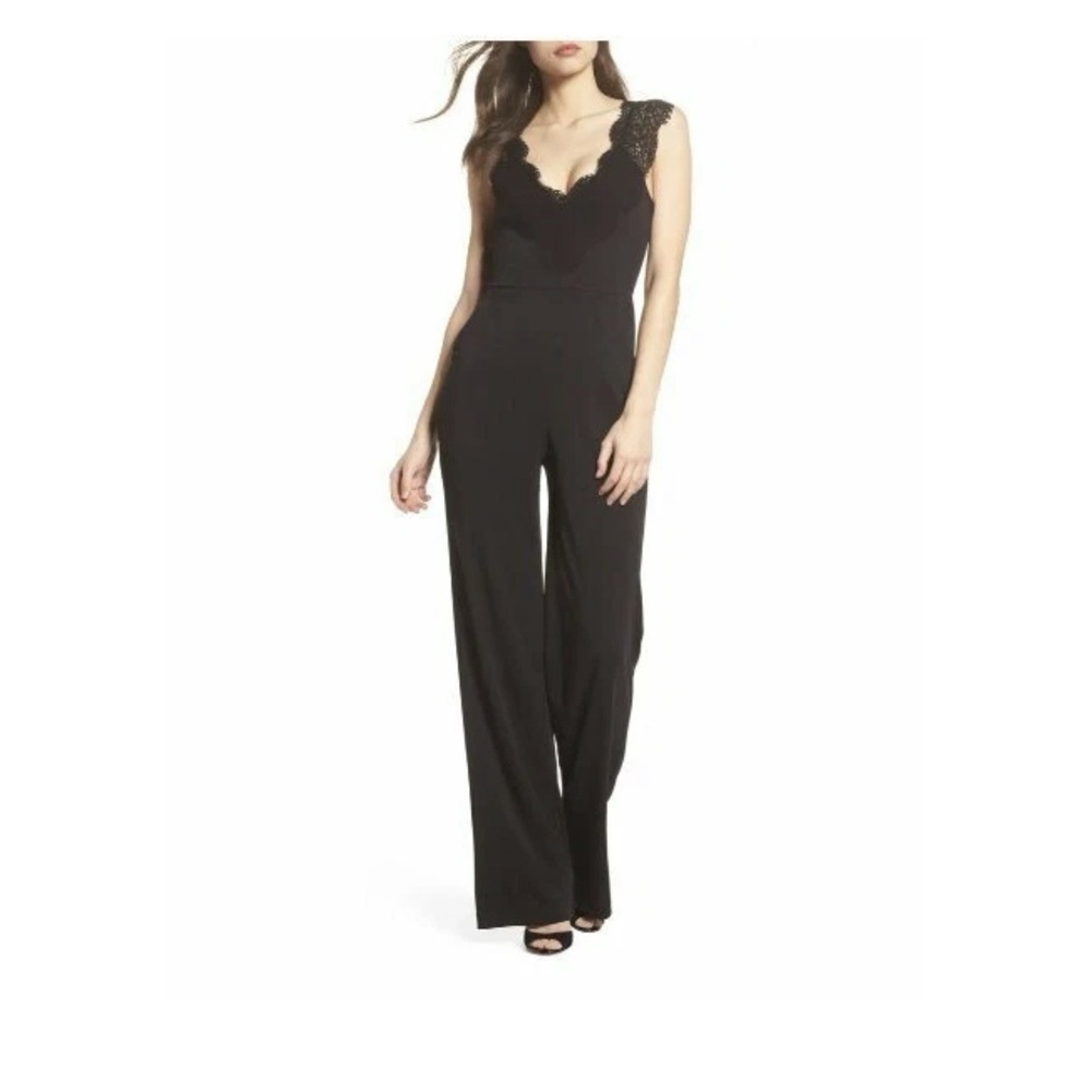 French Connection Black Dominica Jumpsuit Jersey Lace Vneck US  2‎ F598 Classy